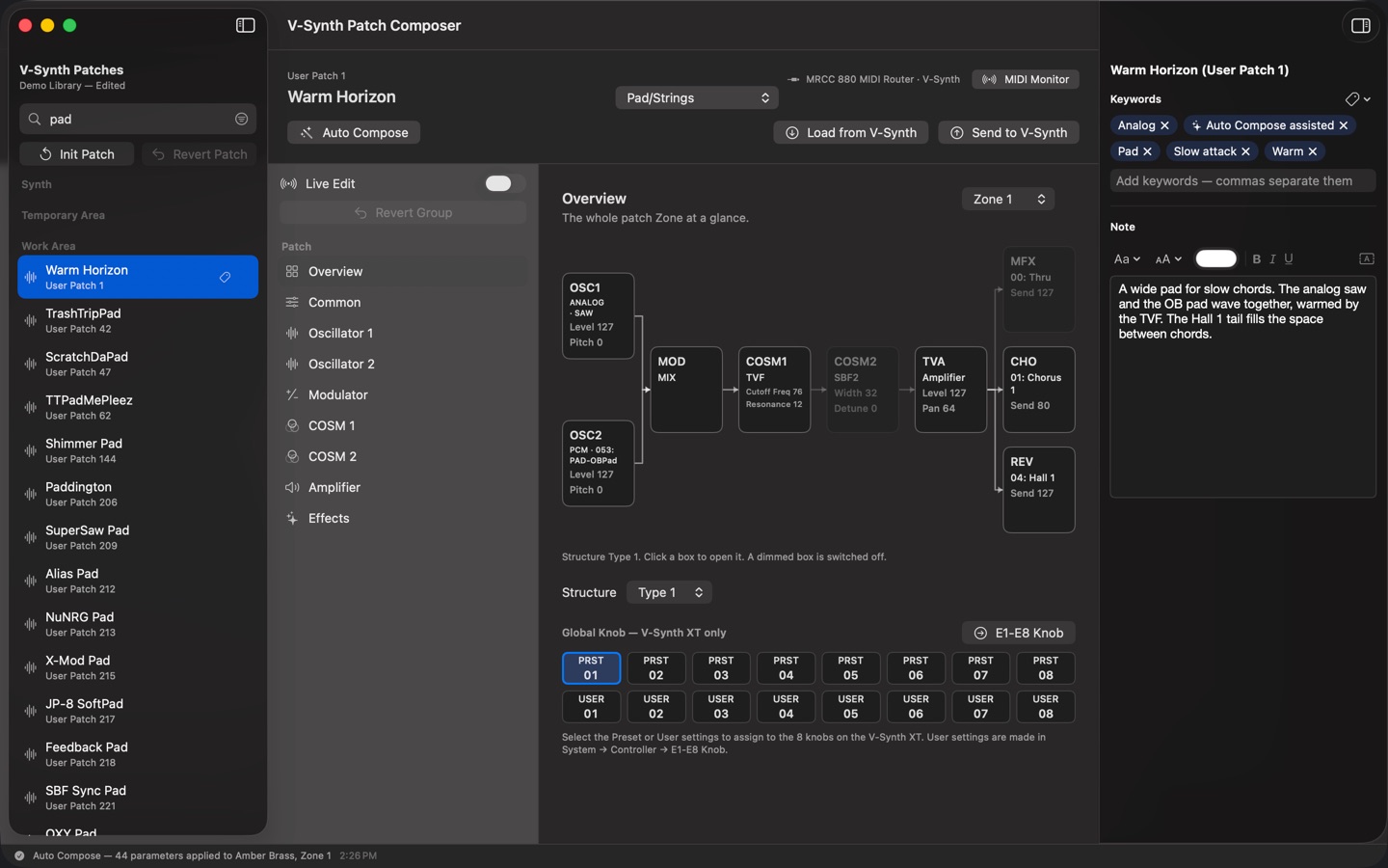 The patch library searched for pads, with a patch's keywords and note in the inspector.