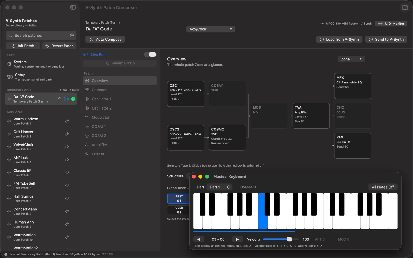 A patch with Live Edit on, and the Musical Keyboard window in front.