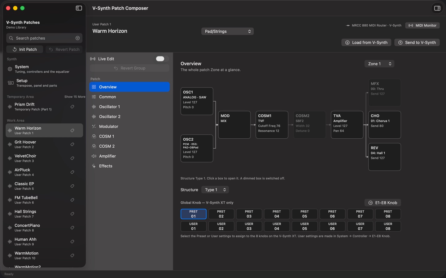 V-Synth Patch Composer showing a patch's Overview: the signal path from the two Oscillators through the Modulator, COSM blocks and Amplifier to the three effects.